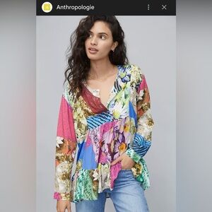 Anthropologie Multicolor Floral V-Neck Blouse